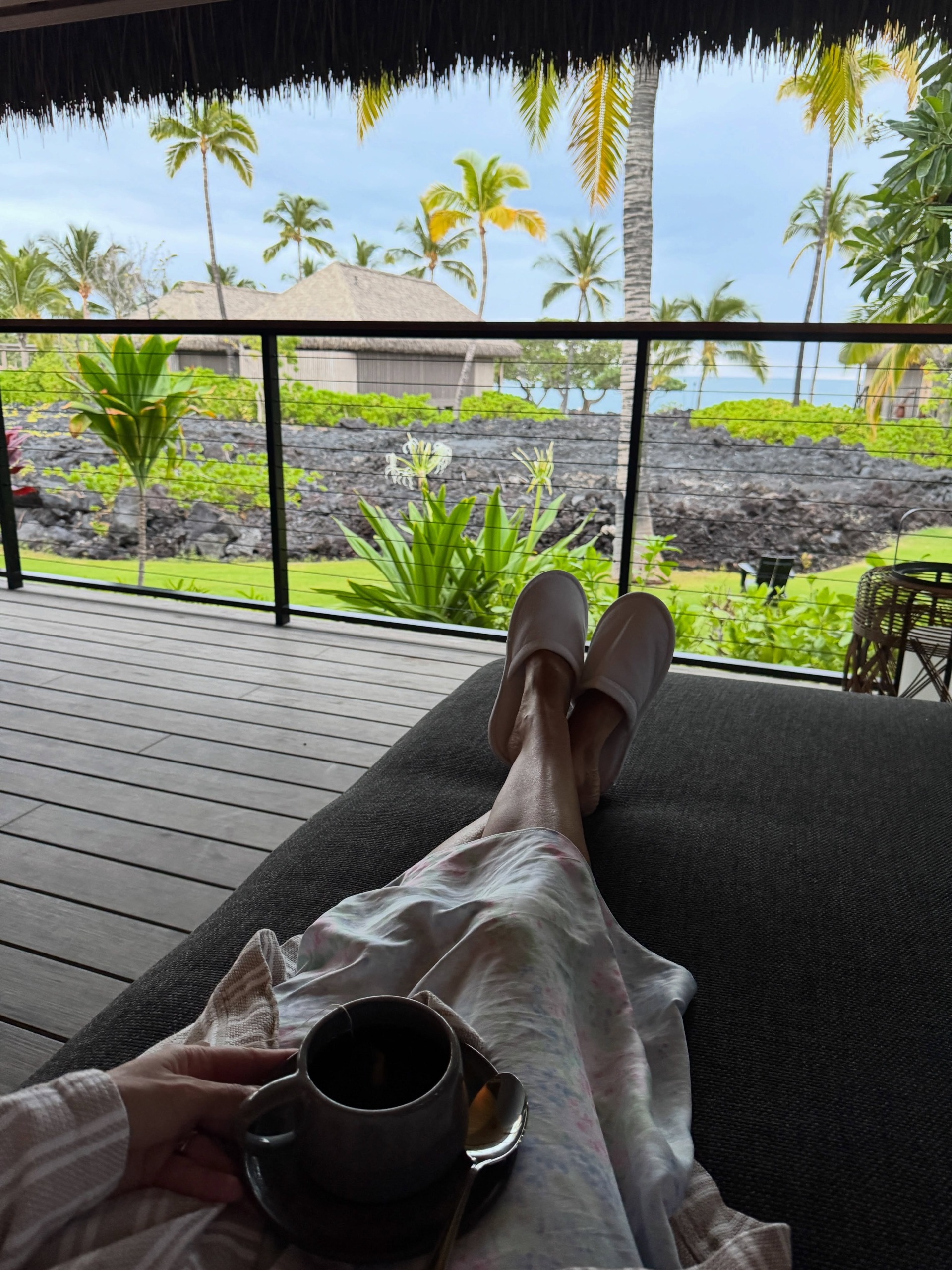 Judith Jones on the lenai at Kona Village, Hawaii
