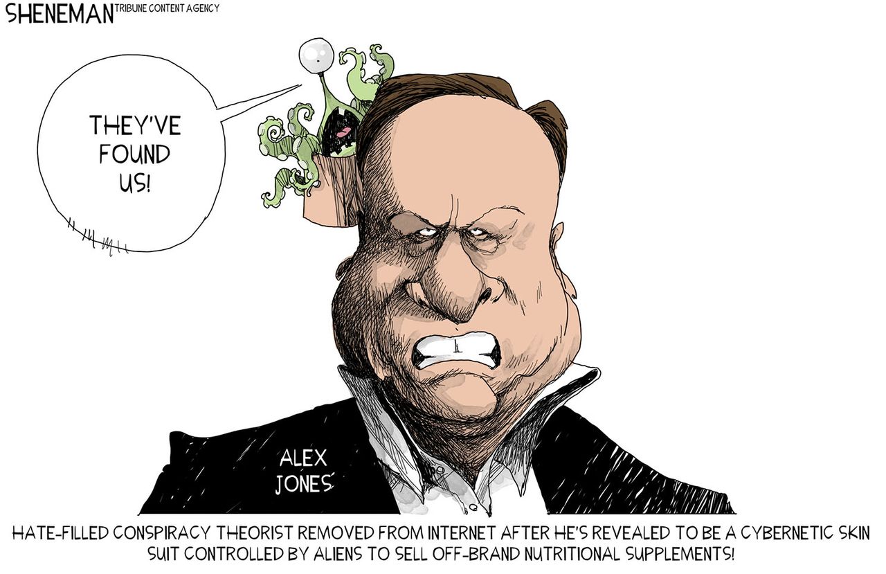 Editorial cartoon U.S. Alex Jones Infowars removed from sites conspiracies aliens