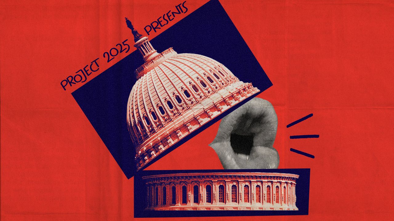 Photo collage of the Capitol building, the roof open to reveal a massive mouth. It is Donald Trump&#039;s signature pout. Above, there is text saying &quot;Project 2025 presents&quot;, all in the style of Saul Bass&#039; &quot;Advise &amp; Consent&quot; poster.