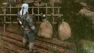 Geralt looks upon two bags from which he can loot in The Witcher 3 Remastered.