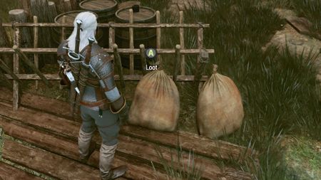 Geralt looks upon two bags from which he can loot in The Witcher 3 Remastered.
