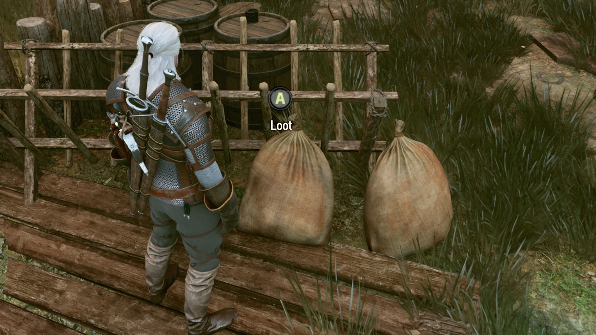 Geralt looks upon two bags from which he can loot in The Witcher 3 Remastered.