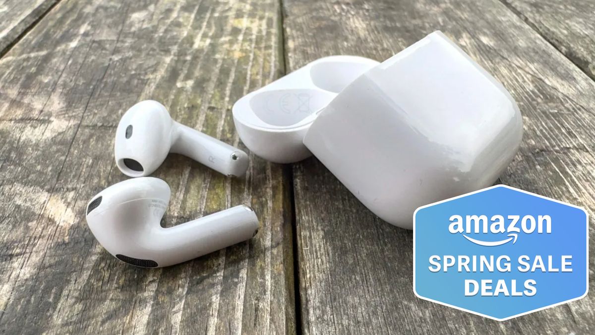 AirPods 4 on a wooden table with the Amazon Spring Sale Deals badge