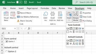 screenshot of Excel's options for inserting elements into tables