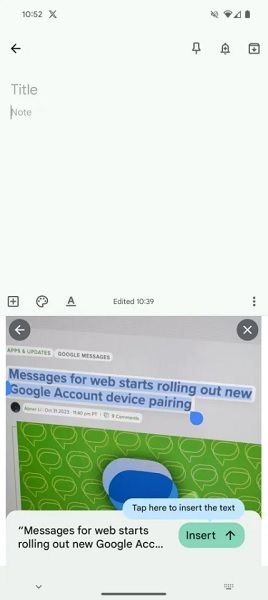 After scanning and highlighting text, Gboard will display an insert option for selected text in apps.