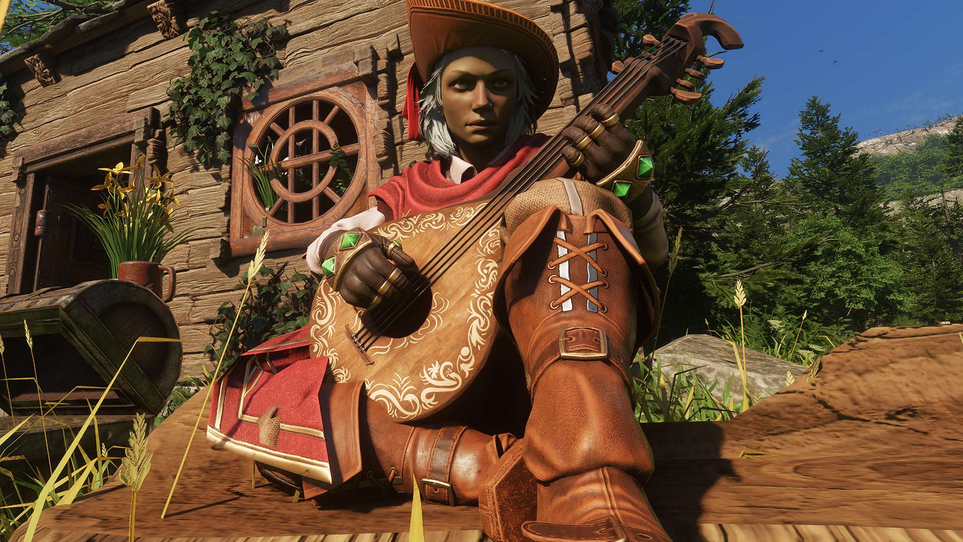 Enshrouded - Character setting playing the ukulele while wearing the Flame Pact gear from Twitch Drops 