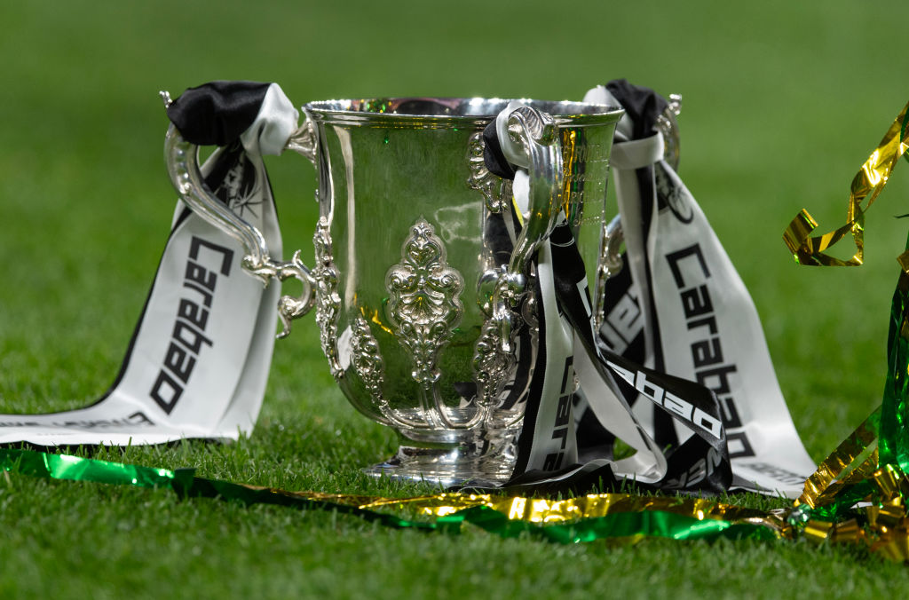 LONDON, ENGLAND - MARCH 16: The trophy on the pitch after the Carabao Cup Final between Liverpool and Newcastle United at Wembley Stadium on March 16, 2025 in London, England. (Photo by Visionhaus/Getty Images)