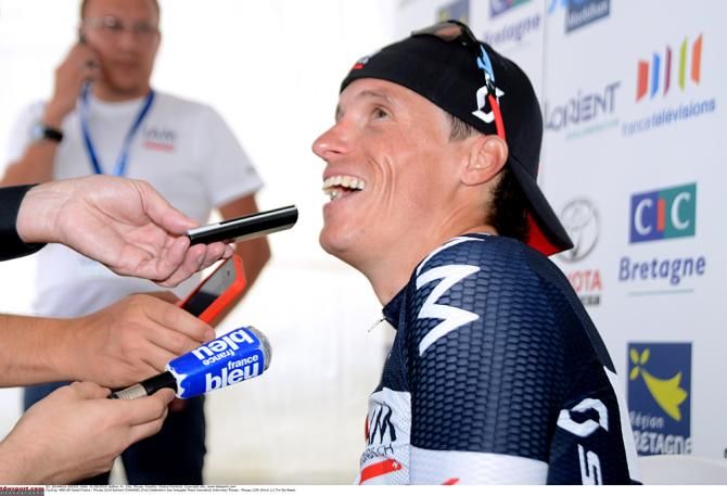 Sylvain Chavanel (IAM Cycling) takes interviews from the press after winning the GP Ouest France-Plouay