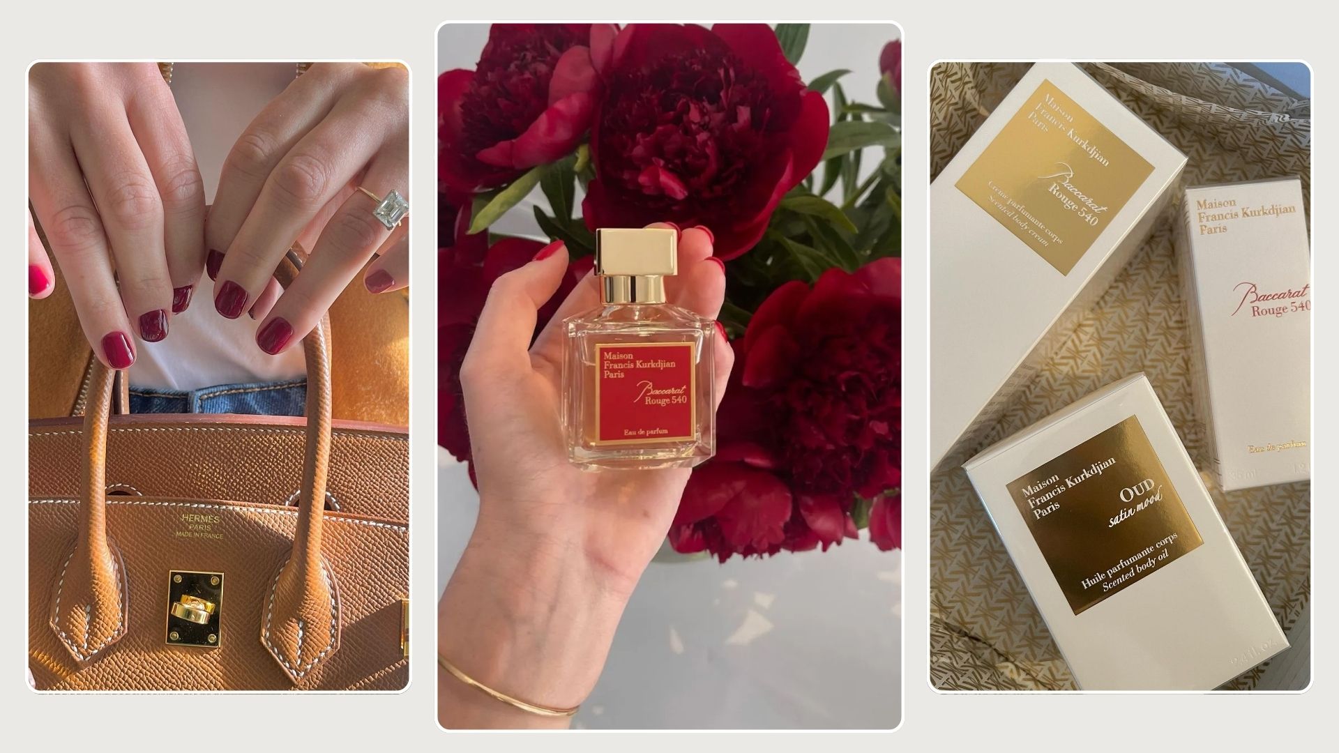 A collage of Baccarat Rouge 540 imagery and a bright red manicure