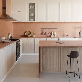 Kitchen island and units topped with stucco-effect worktop
