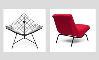 A black wire chair and a red padded chair with black legs