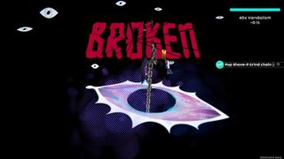 An image of the death screen in Helskate, where the protagonist is yanked to hell by a chain with the words "BROKEN" in bold letters.
