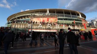 General view from outside of Arsenal's Emirates Stadium ahead of the Gunners' Champions League quarter-final first leg against Bayern Munich in April 2024.