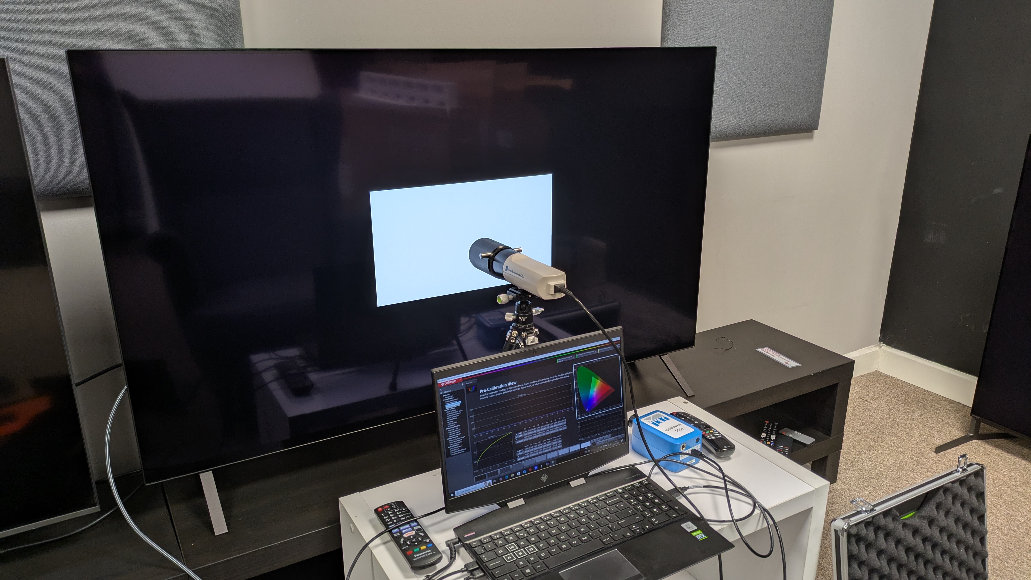 LG B5 OLED TV with colorimeter, laptop, test pattern generator and Portrait Display Calman software all connected and on display