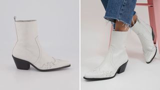 White ankle cowboy boots against a white background and model wearing it with jeans against a white background