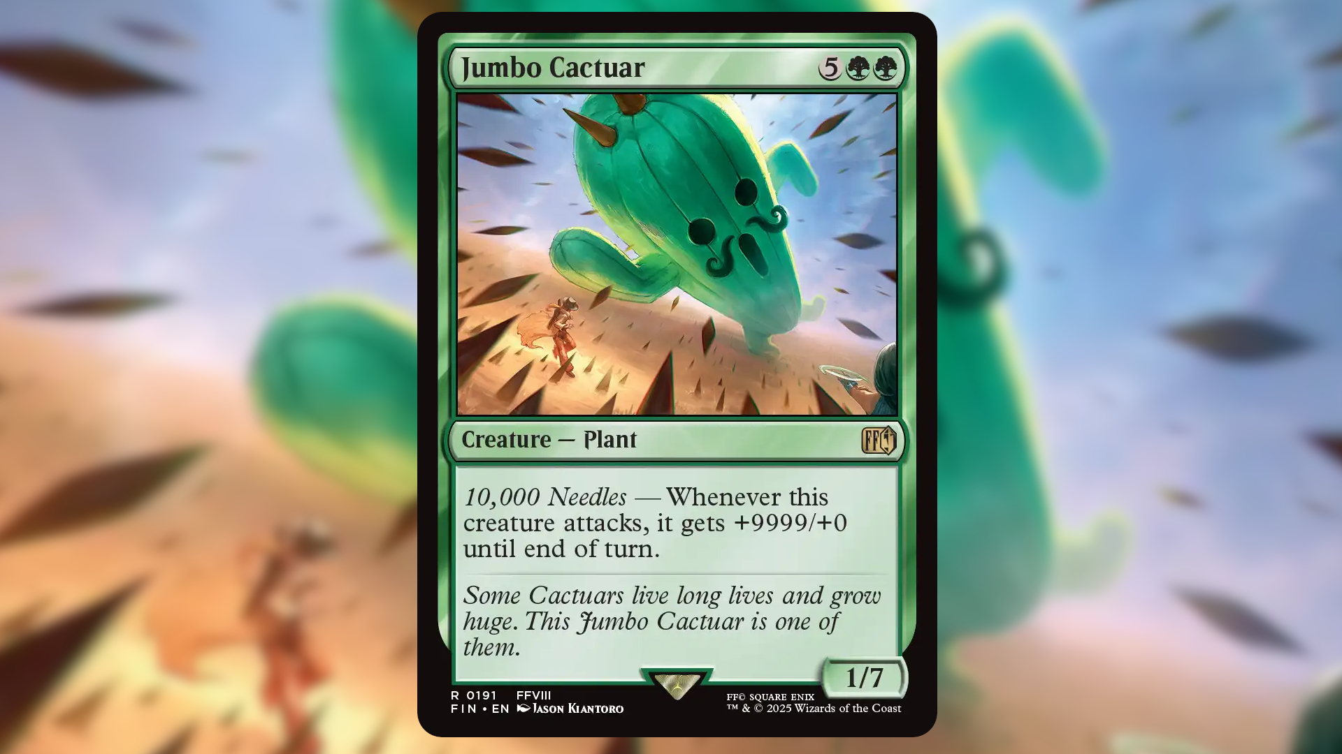 Jumbo Cactuar card against a colorful background