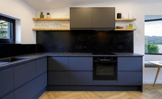 kitchen with blue worktop