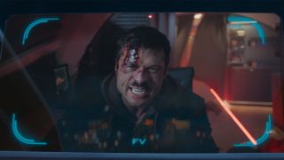 Glen Powell as Ben Richards video threatening to crash plane in The Running Man