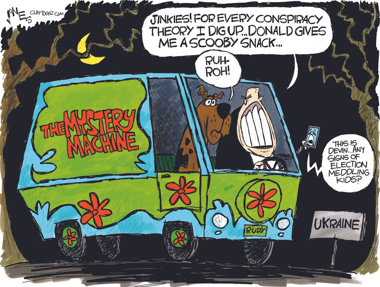 Political Cartoon U.S. Scooby Doo Giuliani Mystery Machine Conspiracy Theories Trump Ukraine