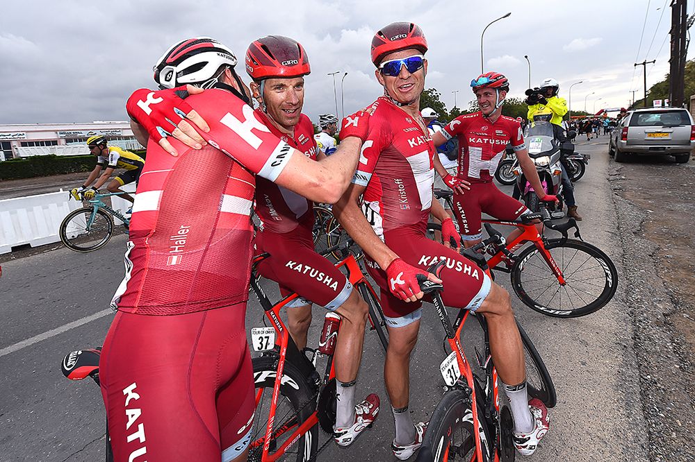 Alexander Kristoff celebrates with his Katusha teammates