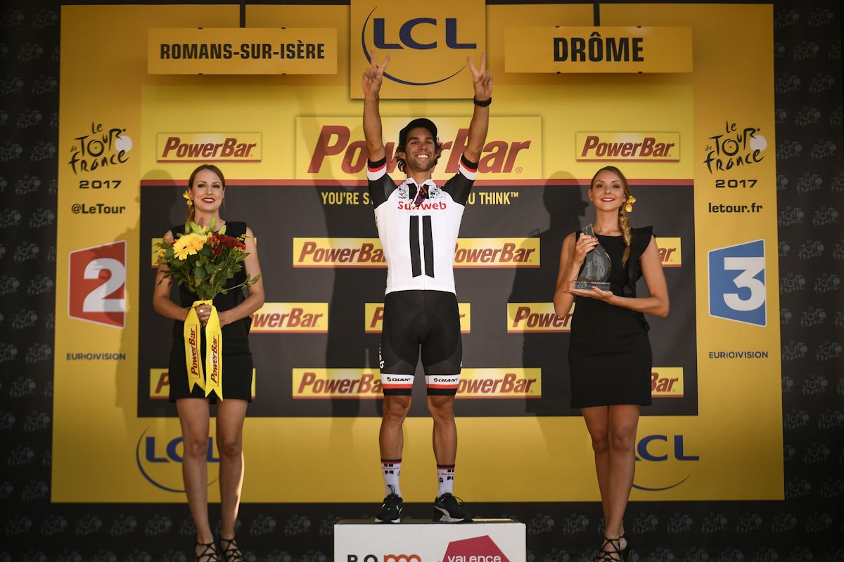 Michael Matthews on the Tour de France podium after winning stage 16
