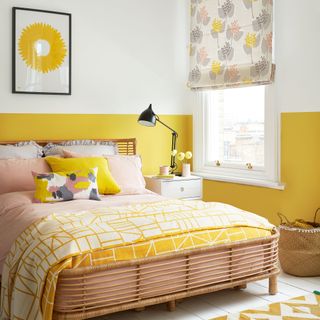 bedroom with yellow coloured and white window