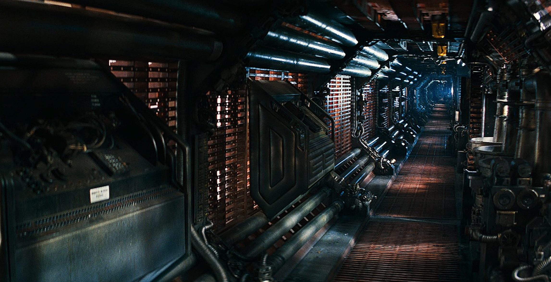 a long dark spaceship corridor