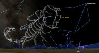 An illustration of the night sky on Friday (Sept. 2) with the moon visible in the claws of the Scorpion constellation.