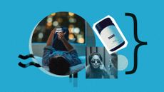 Photo collage of a man applying collagen eye patches, Diome supplement jar, and a woman laying on a hotel bed with her phone