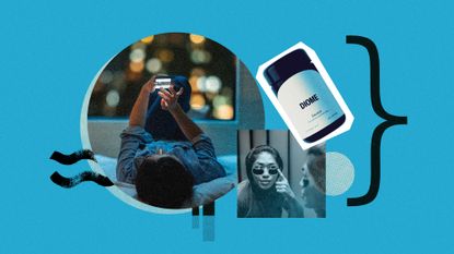 Photo collage of a man applying collagen eye patches, Diome supplement jar, and a woman laying on a hotel bed with her phone