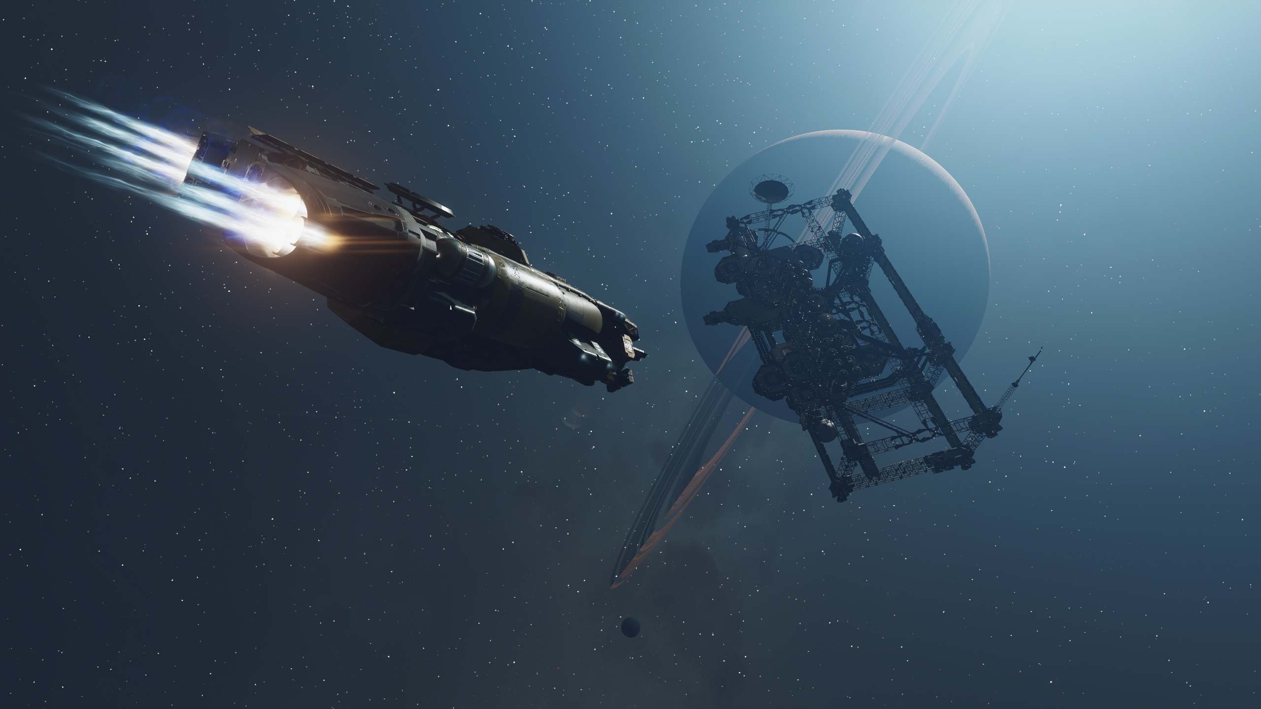 Starfield sci-fi game with spaceship