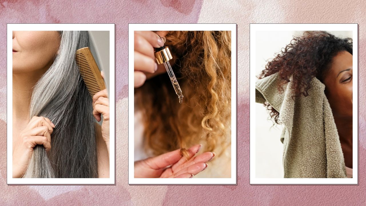 (L to R) a woman with grey hair, seen brushing it through with a wooden comb, alongside a close up of a woman applying oil to her curly hair and finally, a picture of a woman towel drying her curly hair/ in a pink and purple watercolour template