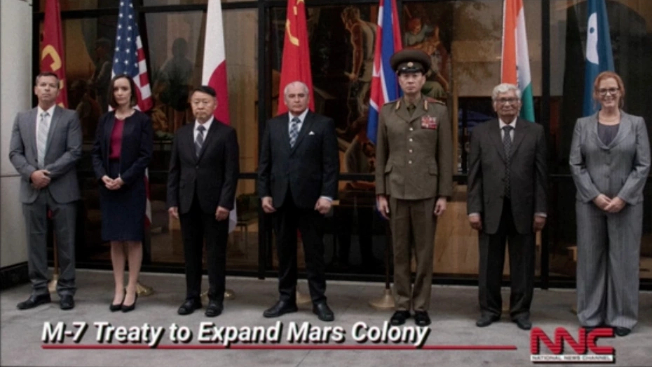 Leaders from seven nations stood in front of their respective flags, announcing the Mars 7 peace treaty in sci-fi show "For All Mankind"