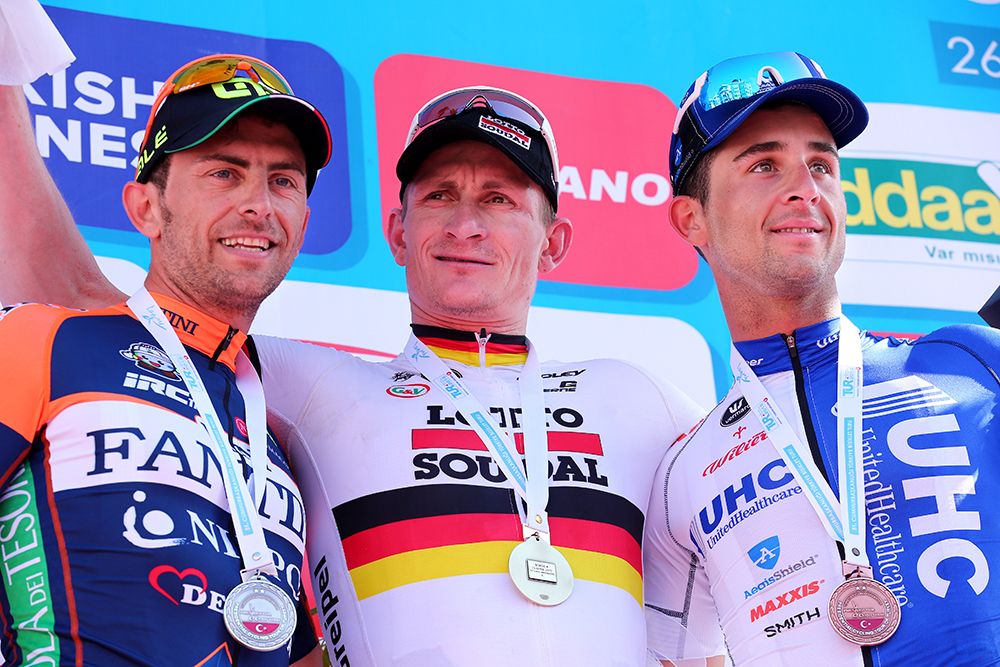 Andr&eacute; Greipel (Lotto Soudal) on the podium