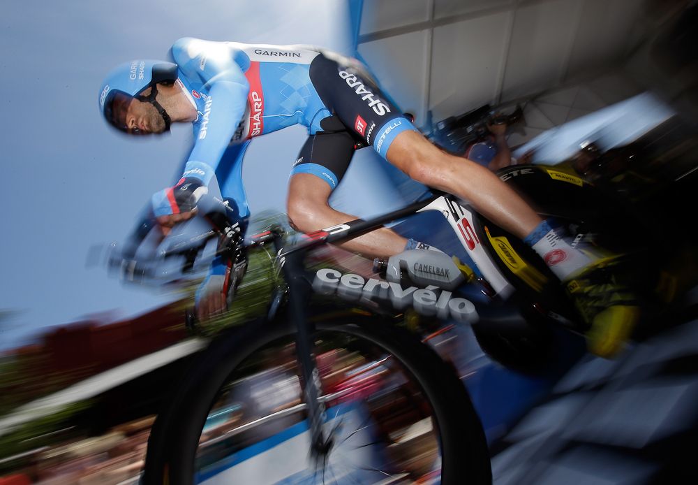 Garmin's Phil Gaimon blasts out of the start house at the Folsom Time Trial.