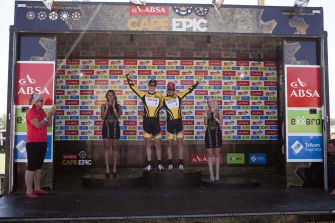 Overall leaders Jaroslav Kulhavy &amp; Christoph Sauser of Burry Stander-Songo on the podium