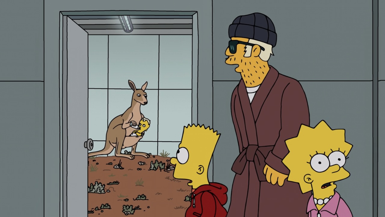 Bart and Duffman finding Kangaroo room in The Simpsons "Seperance" Severance spoof