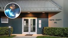 A general view of Martin County jail and an inset screenshot of bodycam footage showing Tiger Woods speaking to officers