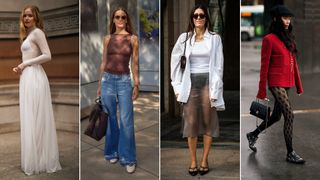 Split image of guests attending the London, New York, Milan, and Paris spring/summer 2025 fashion week shows wearing sheer dresses, tops, shirts, and tights