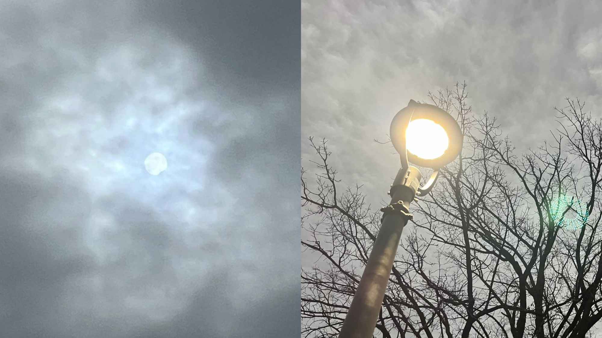 The sun is photographed partially eclipsed in a cloudy sky on the left side of a two-panel image. The right shows a streetlight glaring in front of the clouded sky.