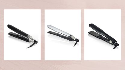 Collage of three of the best ghd straightener models – the Chronos, Platinum+ and Max – in white boxes against a dusky pink watercolour-style background