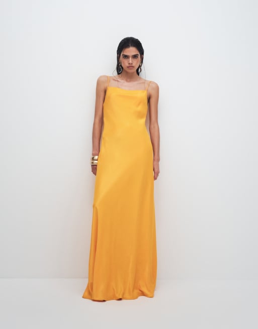 Topshop Low Scoop Satin Floor Length Slip Dress in Orange
