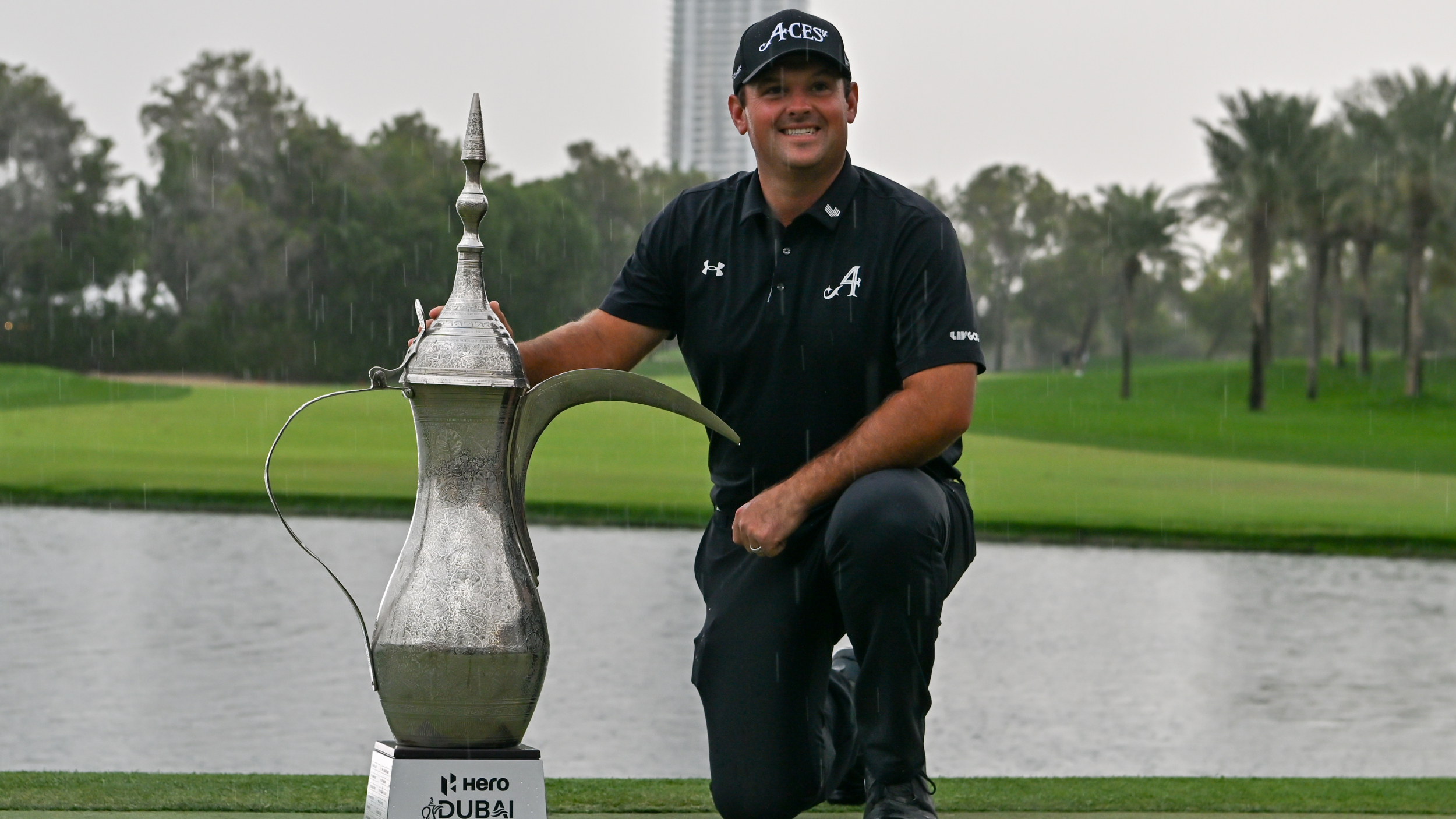 Patrick Reed with the Dubai Desert Classic trophy