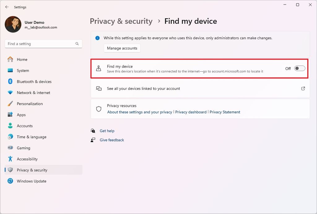 Disable Find my device