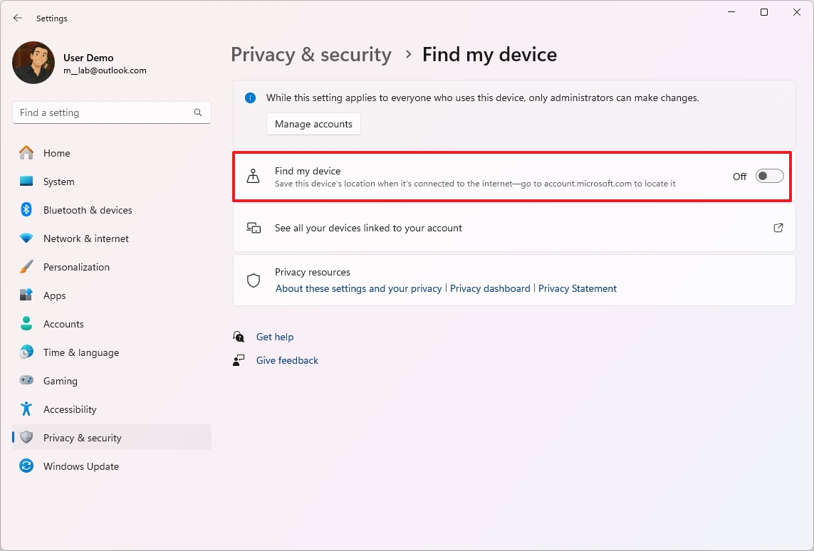 Disable Find my device