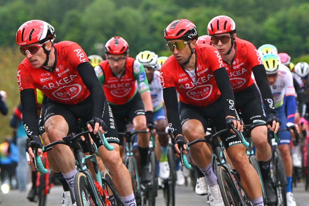 BOUCHAIN FRANCE MAY 16 LR Arnaud Demare of France and Kevin Ledanois of France and Team Arkea BB Hotels compete during the 68th 4 Jours de Dunkerque Grand Prix des Hauts de France 2024 Stage 3 a 1651km stage from SaintLaurentBlangy to Bouchain on May 16 2024 in Bouchain France Photo by Luc ClaessenGetty Images