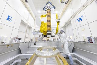 The DART spacecraft as seen inside a cleanroom before flight.