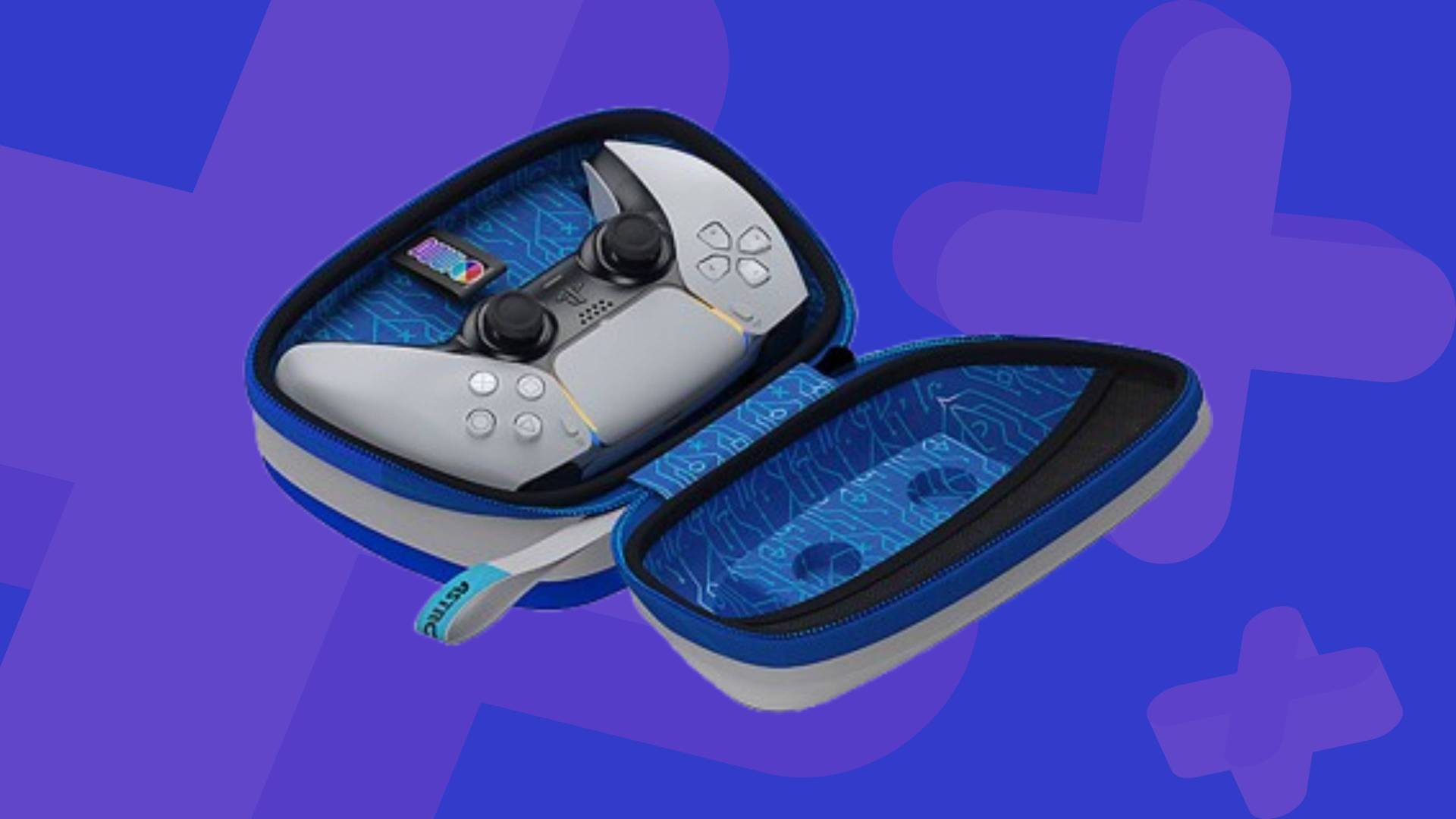 Image of the inside of the PowerA Astro Bot DualSense case on a blue GamesRadar+ background.