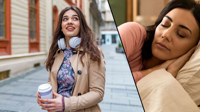 A split screen showing an image of a young brunette woman walking in the daylight with her morning coffee, and another image of a woman with dark hair sleeping peacefully at night. 