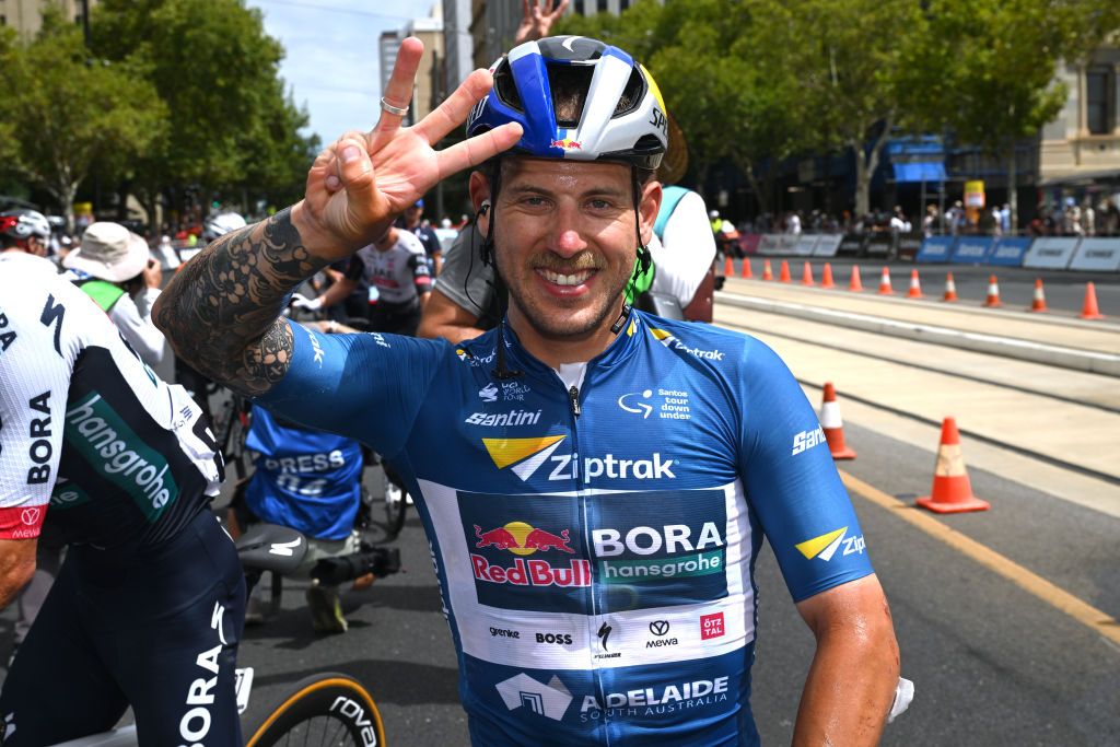 ADELAIDE AUSTRALIA JANUARY 26 Stage winner Sam Welsford of Australia and Team Red Bull BORA hansgrohe Blue Sprint Jersey reacts after the 25th Santos Tour Down Under 2025 Stage 6 a 90km stage from Adelaide to Adelaide UCIWT on January 26 2025 in Adelaide Australia Photo by Dario BelingheriGetty Images
